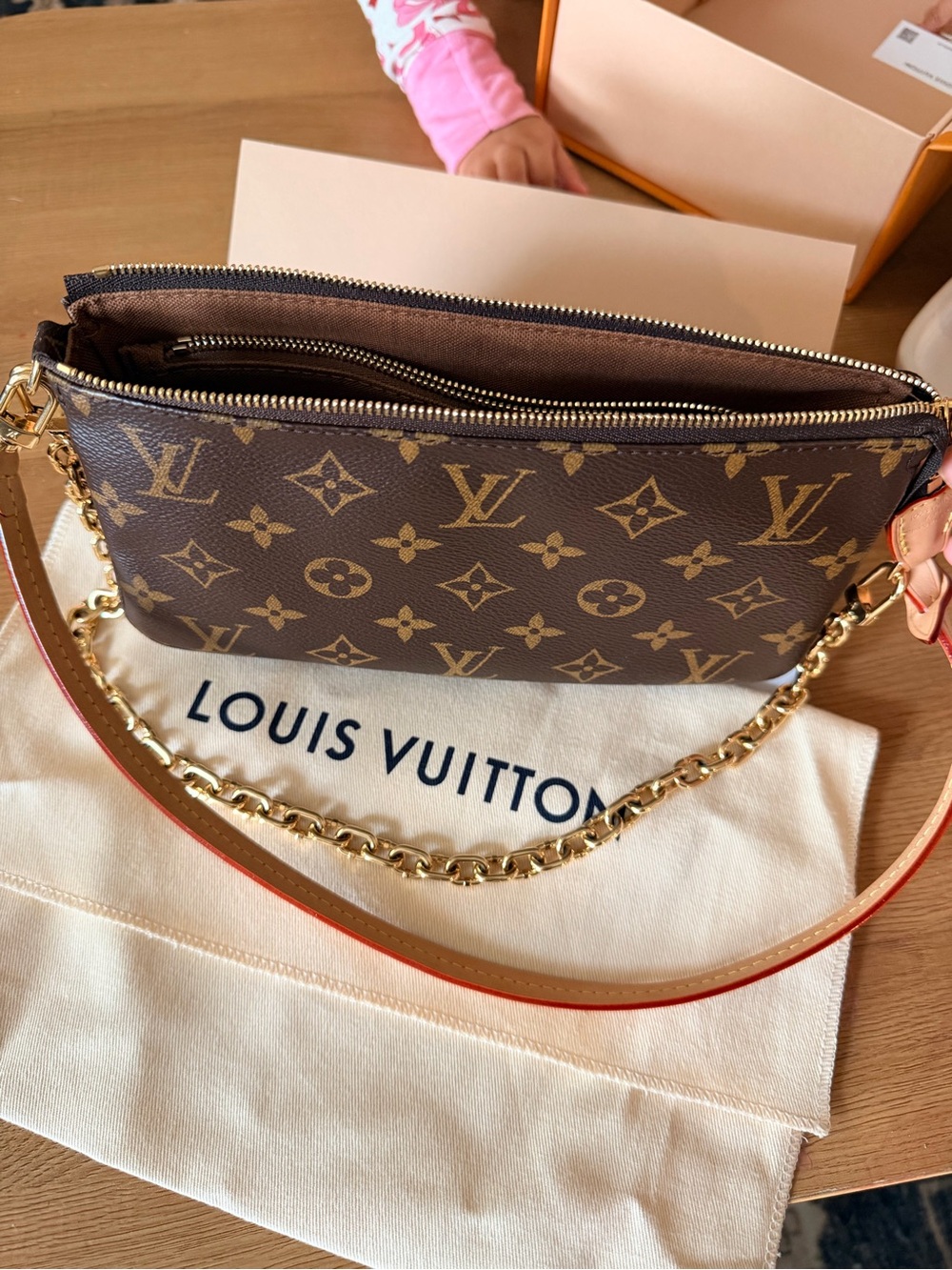 NEW Louis Vuitton Brown Monogram Canvas Pochette with Gold Chain